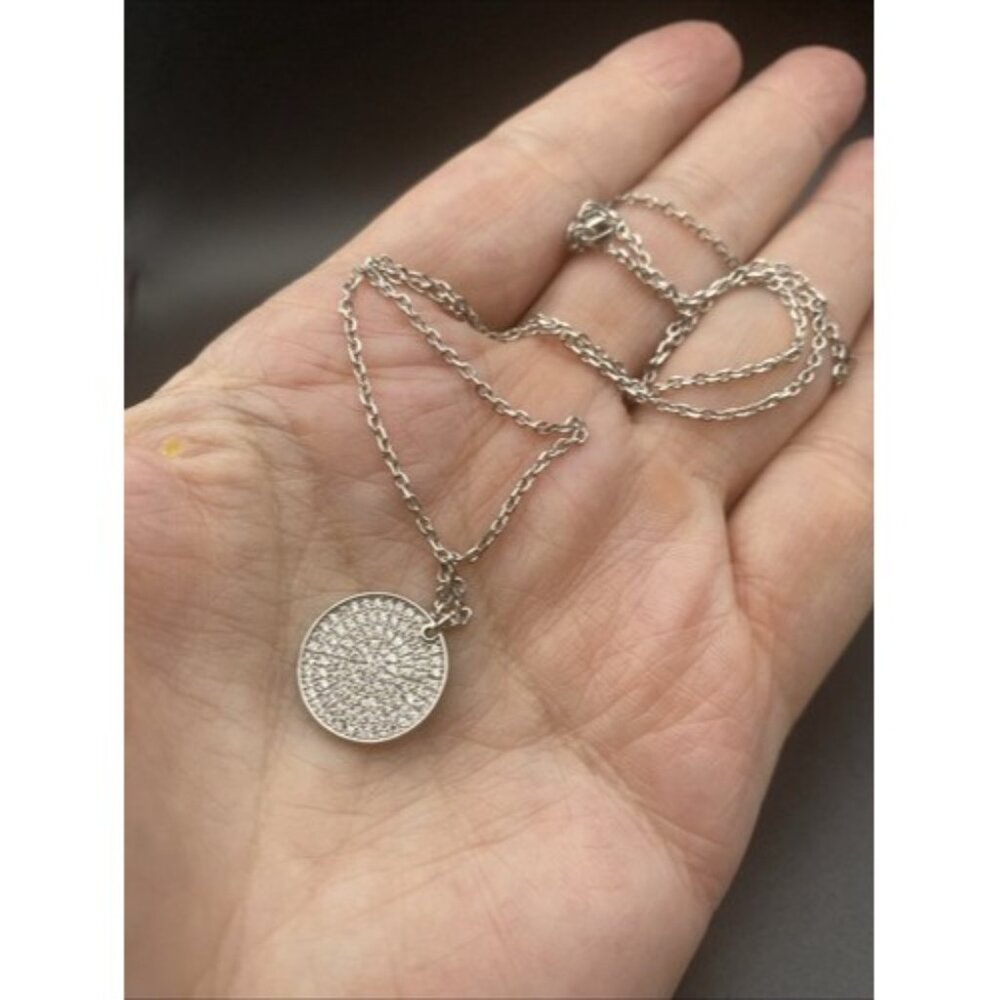 Sterling Silver 16+2” Necklace Pave Cubic Zirconia Circle Pendant 3.7 grams Moon - Picture 6 of 7
